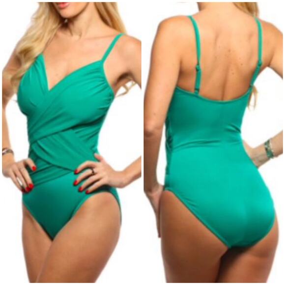 Magicsuit NWT Solids Harper One Piece Swimsuit Green Shirred Draped Size 14 - Picture 1 of 12
